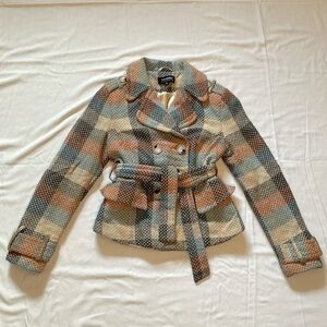 Coffeeshop Wool Plaid Pea Coat with Epaulettes